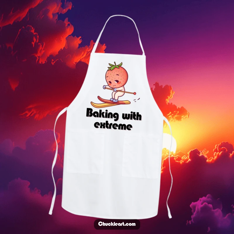 Funny skiing strawberry apron, a determined berry on a breadstick ski, bringing humorous flair to kitchen tasks.