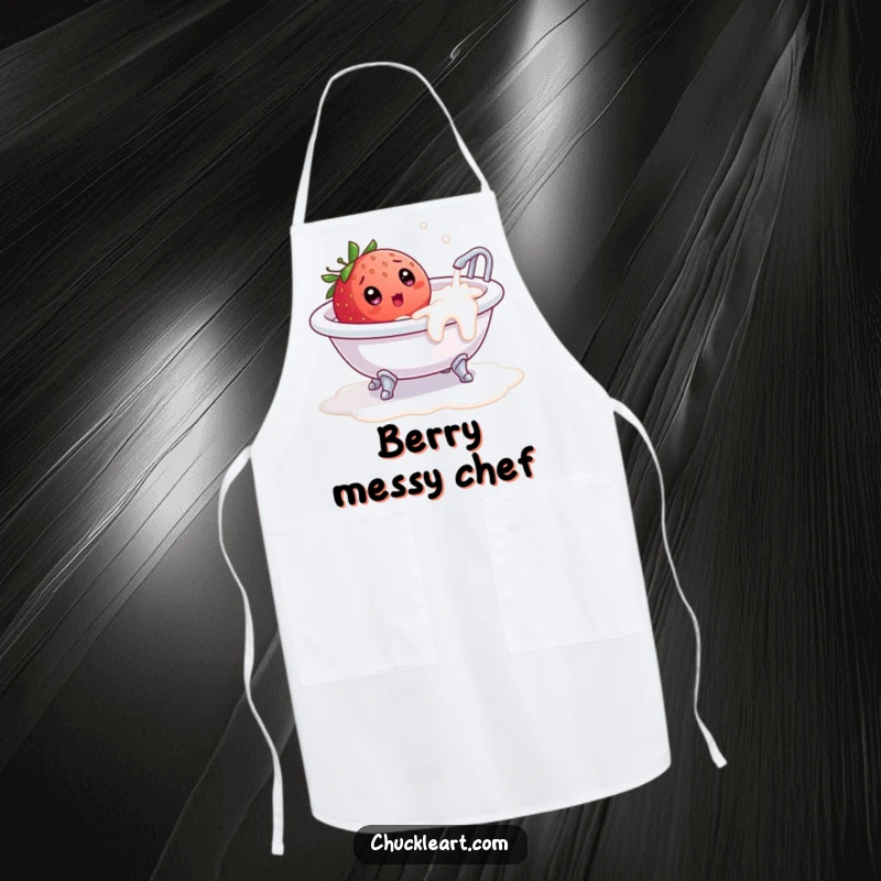 Funny apron showing a strawberry surprised in a tiny overflowing milk bathtub, perfect for a humorous cook.