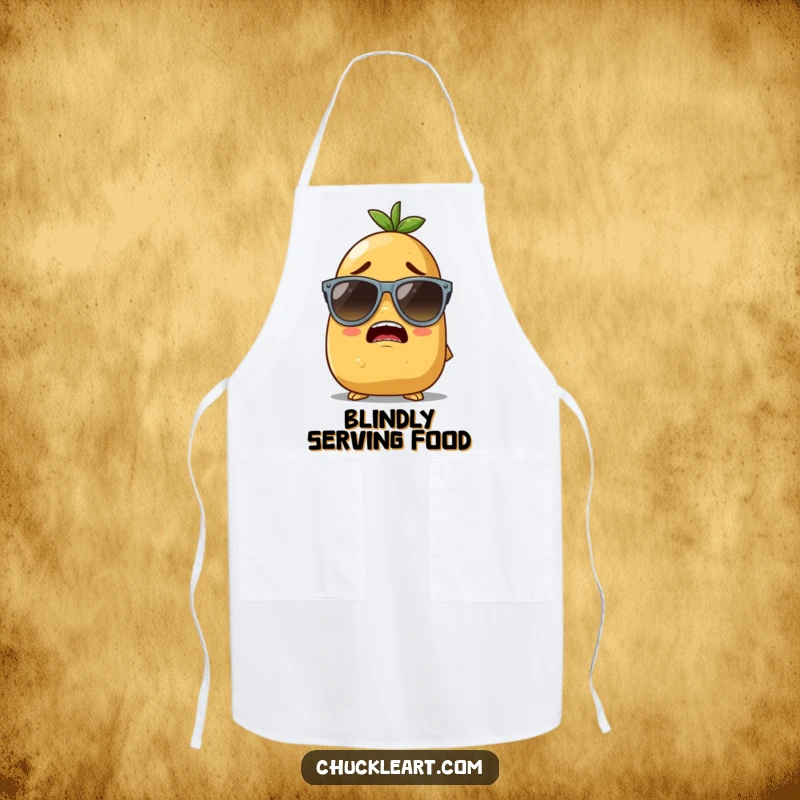 Funny apron featuring a potato character hilariously struggling to wear oversized sunglasses while working in the kitchen.