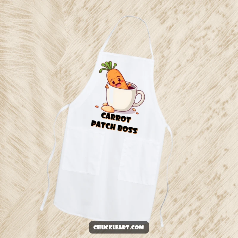 Funny apron illustrating a determined carrot digging its way out of a coffee mug, ideal for kitchen use and adding a humorous touch.