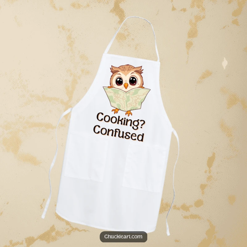 Funny apron showing a clumsy owl with wide eyes, comically attempting to read a map upside down.