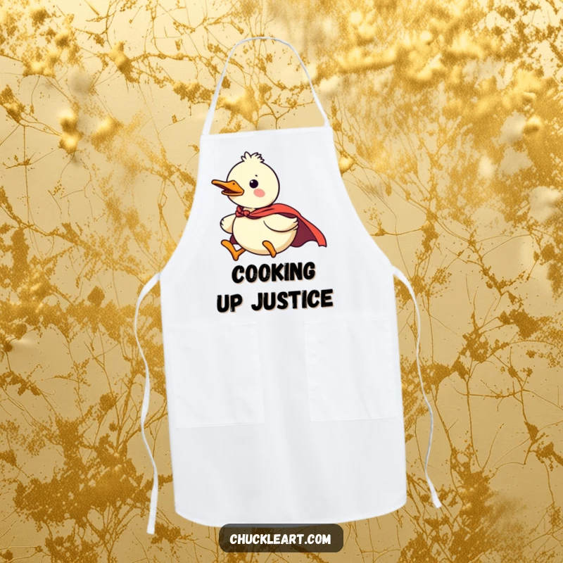 Funny duck superhero apron, confident and practical, flying with a tiny cape, a humorous and useful gift for cooks.