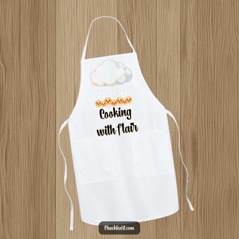 Funny apron showing a fluffy cloud accidentally raining down tiny emojis with surprised expressions.