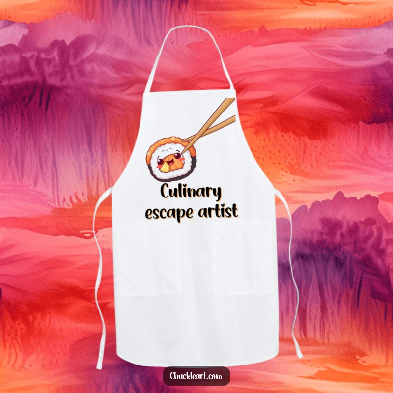 Funny apron featuring sushi escaping chopsticks, ideal for food lovers and kitchen humor.