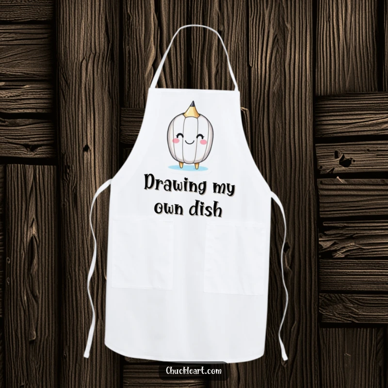 Funny apron with a happy little pencil drawing a smiley face on itself, for kitchen or studio.