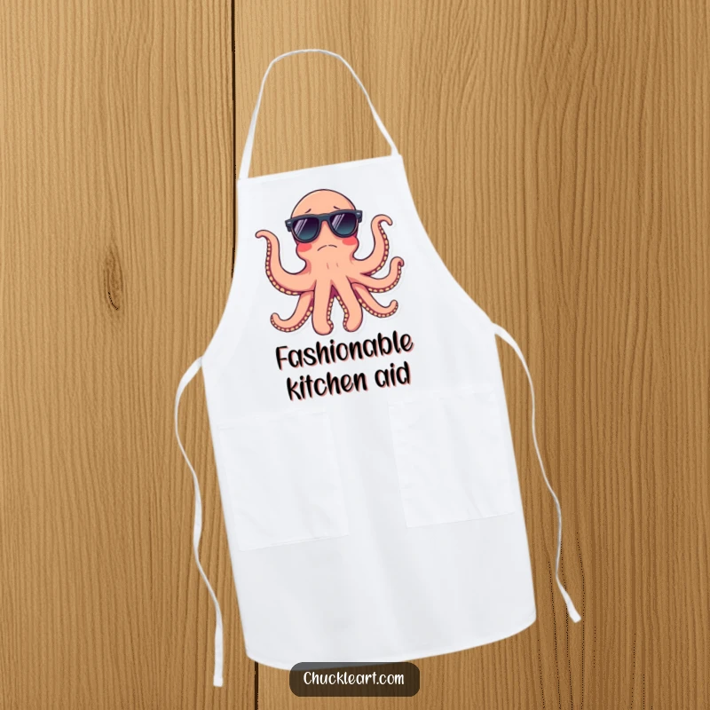 Funny octopus wearing sunglasses on all tentacles, on a practical kitchen apron, blending style and humor.
