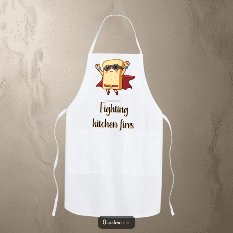 Funny loaf of bread as a superhero striking a triumphant mid-air pose, humorous apron for cooking and baking.