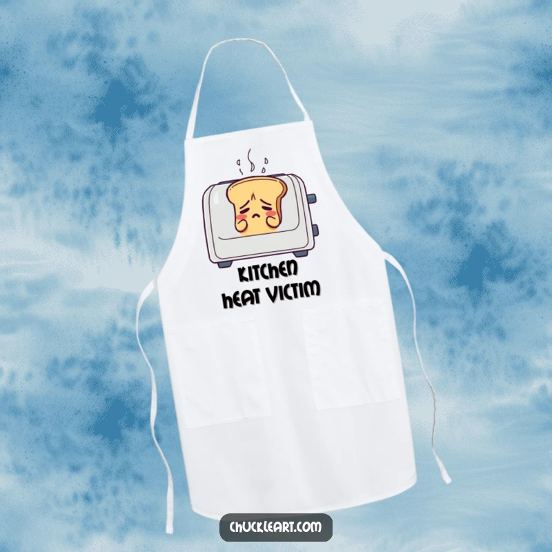 Funny bread loaf sweating in a toaster, on a practical kitchen apron, symbolizing kitchen stress.