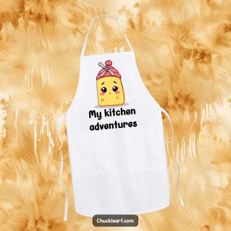Funny apron showing a bewildered cheese slice character wearing a small propeller beanie, perfect for a humorous kitchen experience.