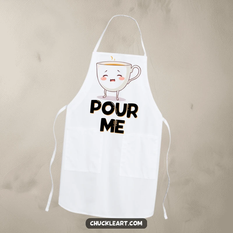 Funny bewildered teacup with legs, pouring itself, on an apron, showcasing humorous kitchen protection.