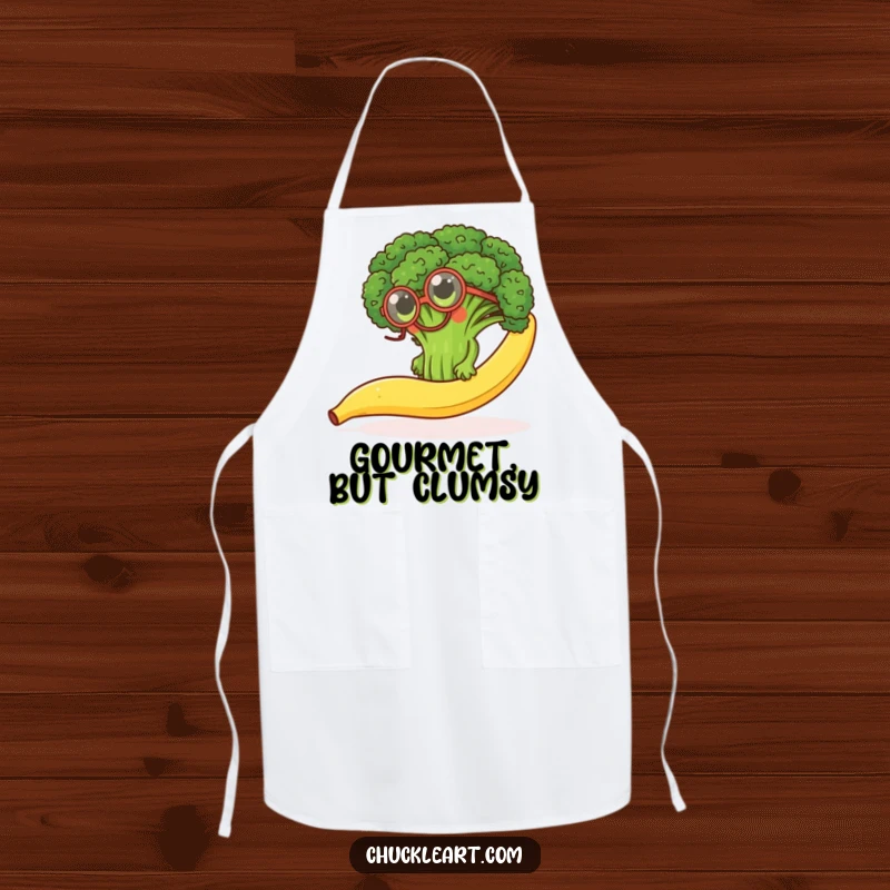 Funny kitchen apron showing a determined broccoli floret wearing a monocle, hilariously climbing a slippery banana peel.