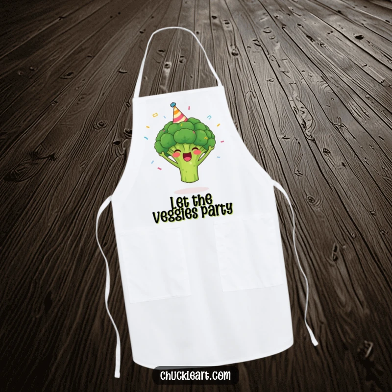 Funny broccoli apron showing a cheerful broccoli wearing a party hat and confetti, ideal for kitchen fun and protection.