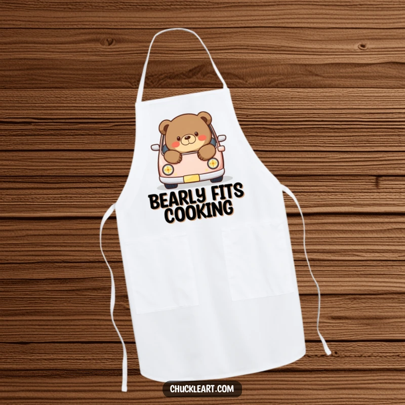 Funny apron with a chubby bear humorously spilling out of a miniature car, a comical kitchen accessory for cooking enthusiasts.