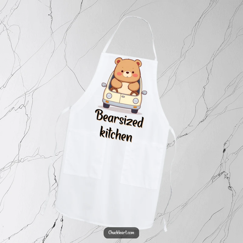 Funny chubby bear comically trying to fit in a miniature car, spilling out, on an apron, perfect for a funny gift.