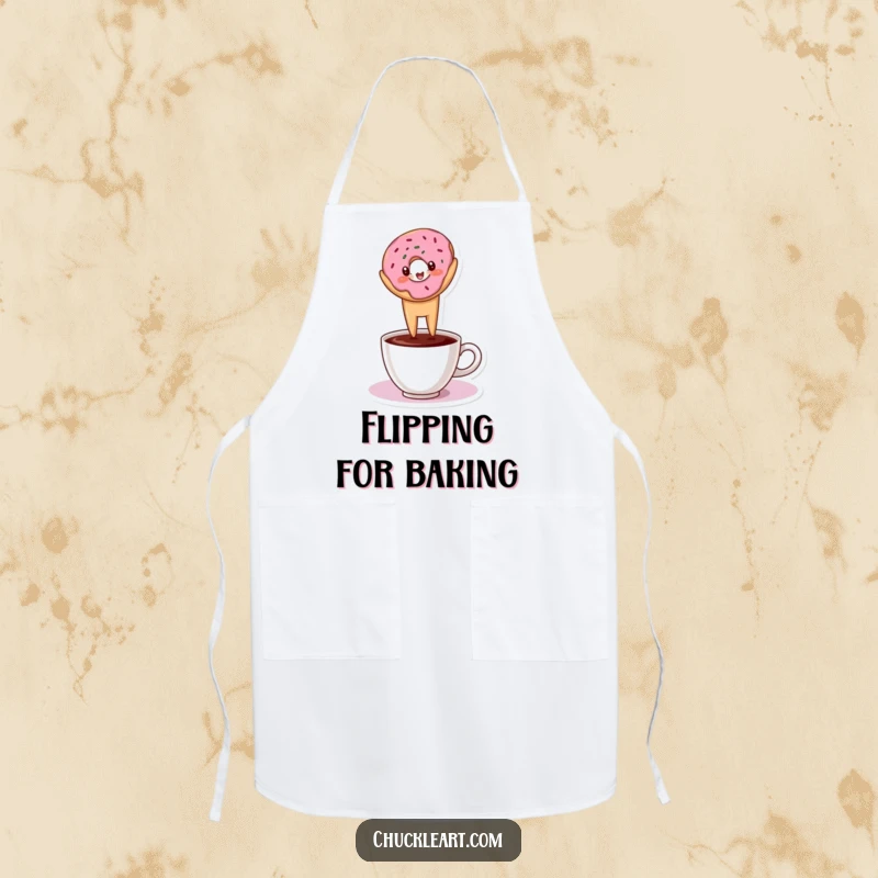 Funny apron with a donut in a headstand on a coffee cup, ideal for kitchen fun and coffee lovers.
