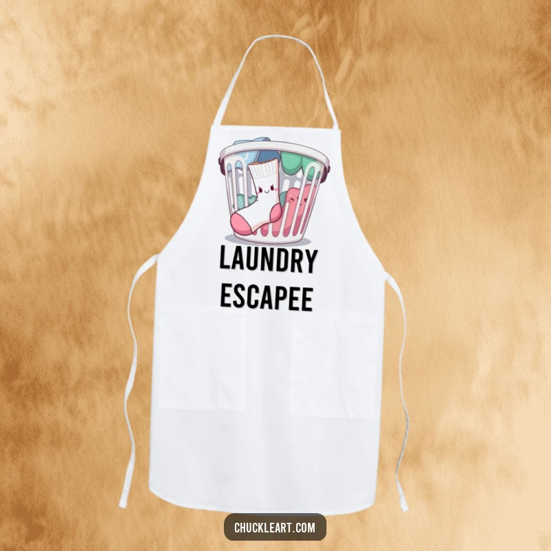 Funny determined sock escaping a laundry basket, on an apron, showcasing humorous chore protection.