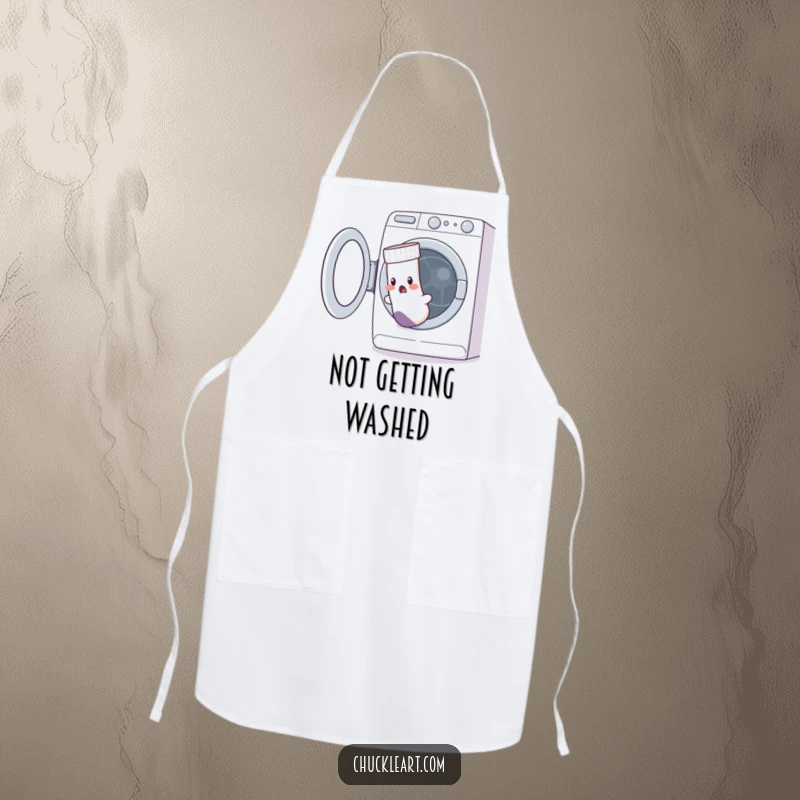 Funny apron depicting a startled sock with a hole escaping a washing machine, a humorous kitchen essential.