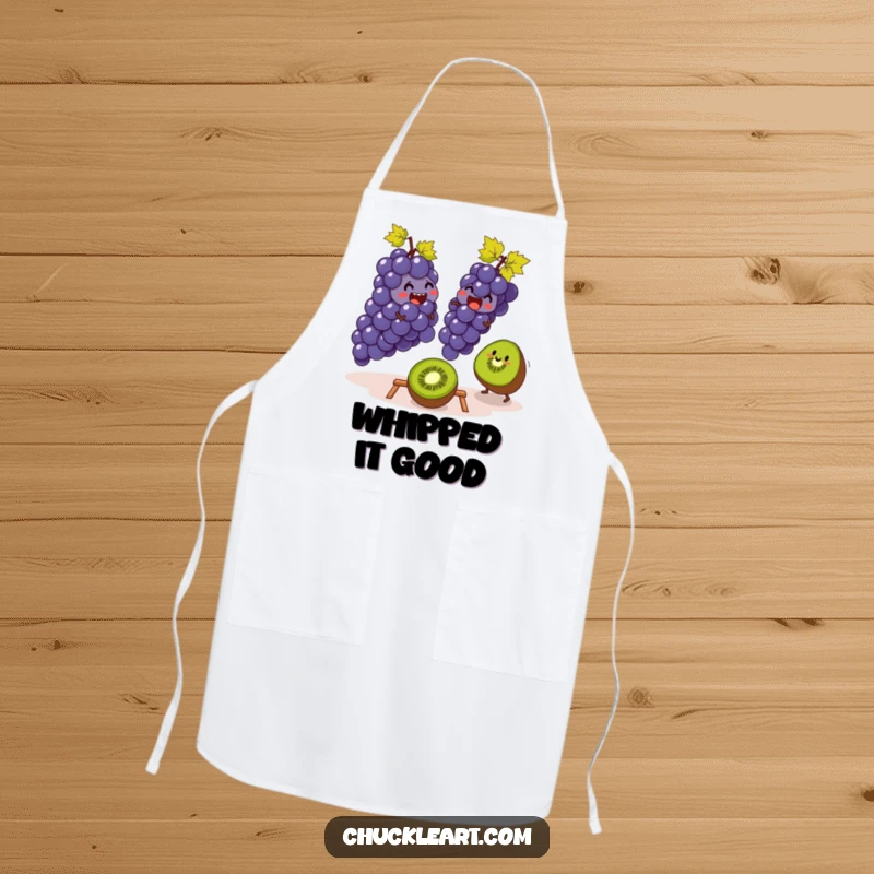 Funny apron illustrating grapes and a kiwi playing leapfrog, designed for kitchen fun and protecting clothes with a humorous touch.