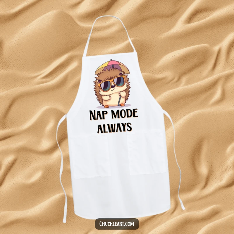 Funny apron featuring a grumpy hedgehog in sunglasses, hinting at a nap, ready to tackle kitchen tasks with humorous reluctance.