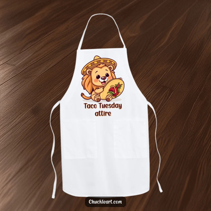 Funny apron with a lion in a small sombrero trying to eat a huge taco, ideal for kitchen antics and culinary adventures.