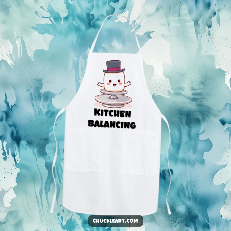 Funny marshmallow in a top hat balances on a spinning plate, a humorous apron for the kitchen.
