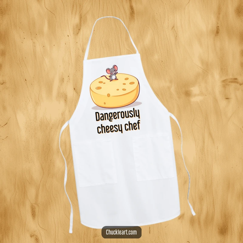 Funny kitchen apron depicting a small mouse daringly balancing on a huge, unstable cheese wheel, for food preparation.