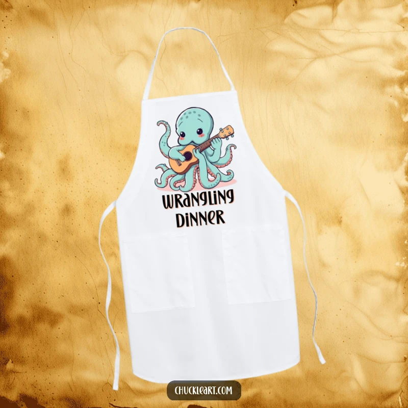 Funny kitchen apron showing an octopus hilariously attempting to play a ukulele with its many tentacles, for culinary maestros.