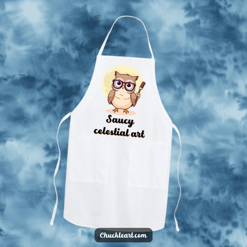 Funny apron featuring a confused owl with glasses, painting a smiley face on the moon, a whimsical addition to any kitchen.