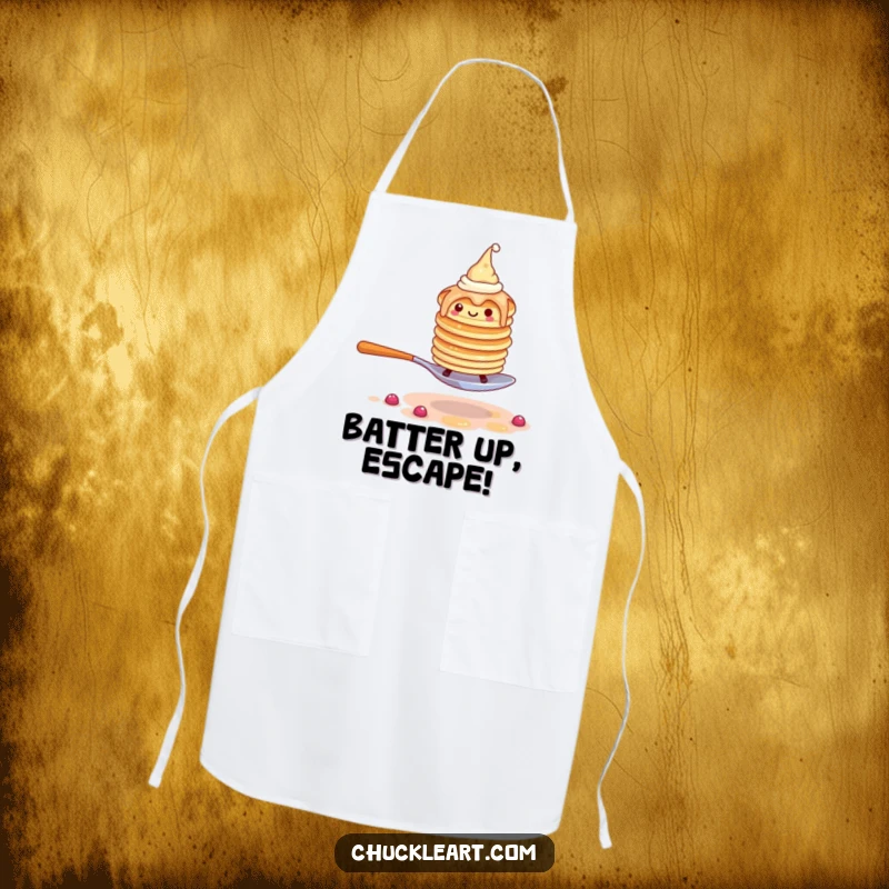 Funny kitchen apron featuring a wobbly pancake stack in hats, comically fleeing from a giant fork while cooking.
