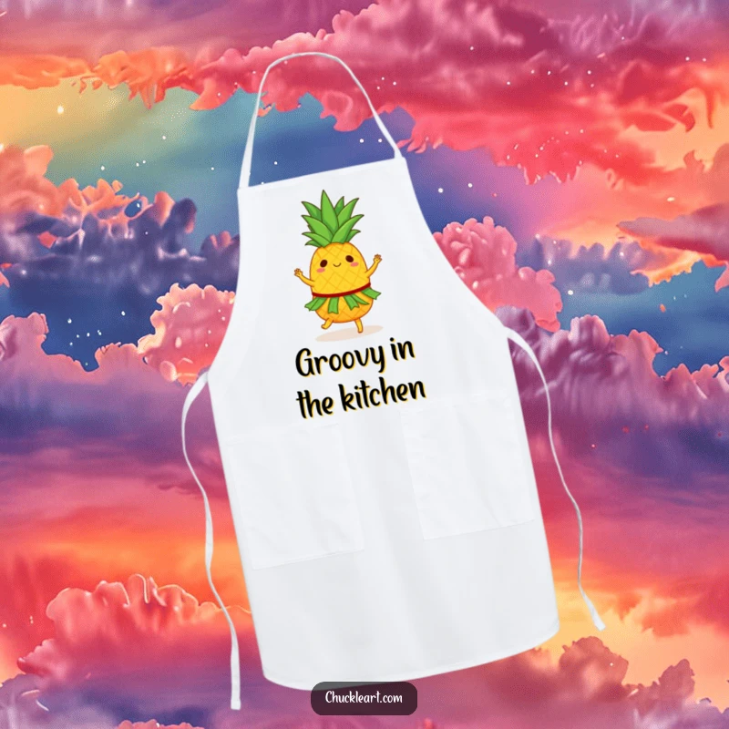 Funny apron featuring a dancing pineapple in a tiny hula skirt, ready to add tropical fun to any kitchen task.
