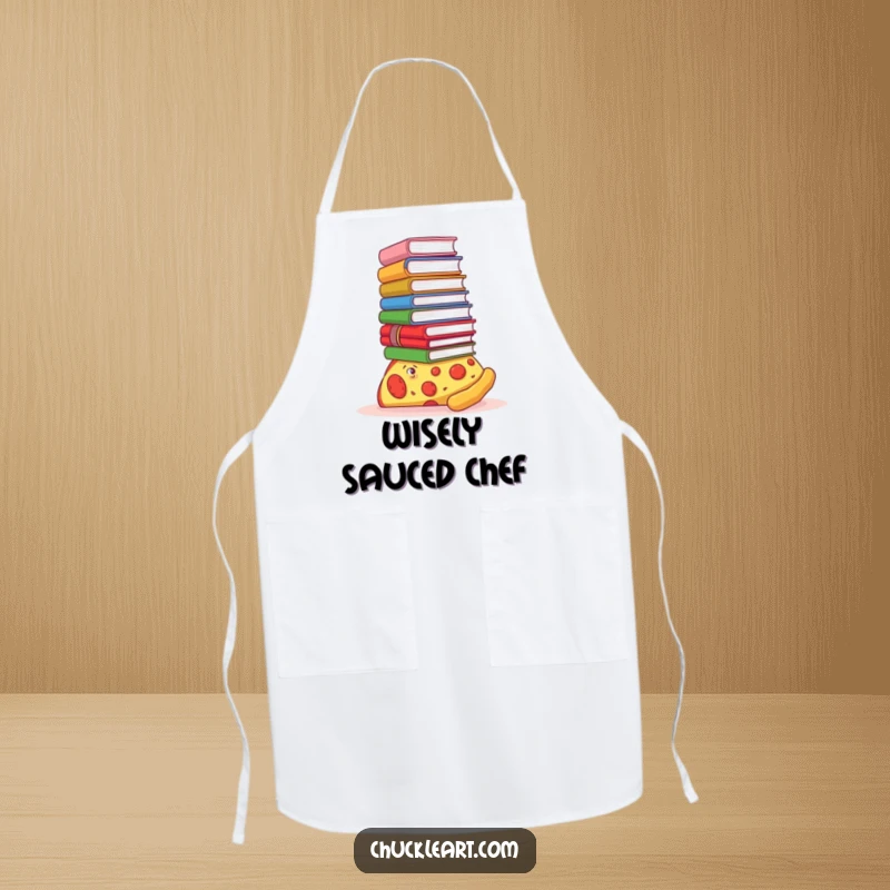 Funny apron illustrating a pizza slice attempting to balance a huge stack of books on its crust, ready for kitchen duty.