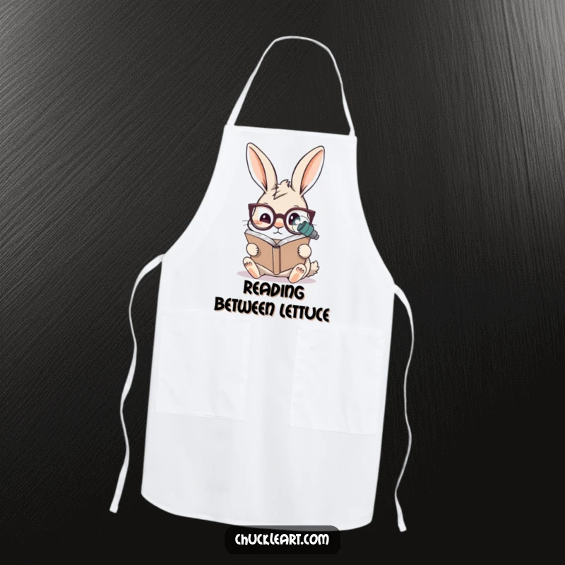 Funny rabbit apron showing a rabbit wearing oversized spectacles reading a microscopic book, perfect for kitchen learning and humorous protection.