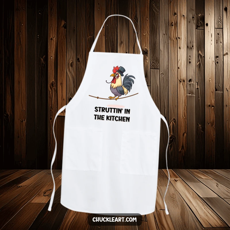 Funny apron showing a proud rooster in a monocle and top hat, confidently walking a tightrope.