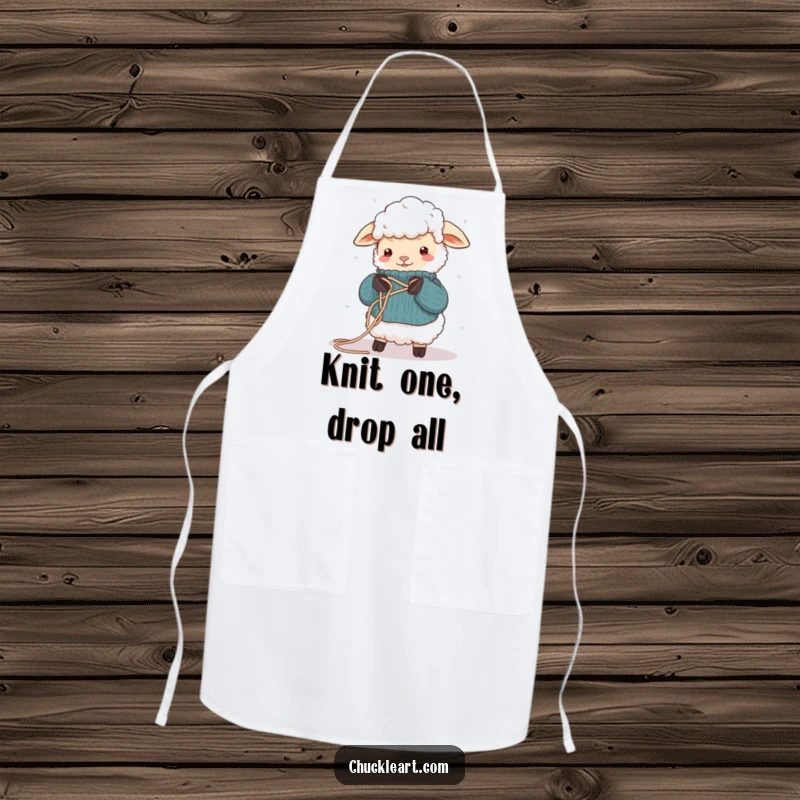 Funny apron with a sheep hilariously tangled in yarn while attempting to knit, a comical accessory for crafters.