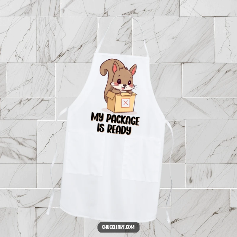 Funny apron illustrating a squirrel humorously attempting to mail itself in a small box, a comical kitchen accessory for culinary adventurers.