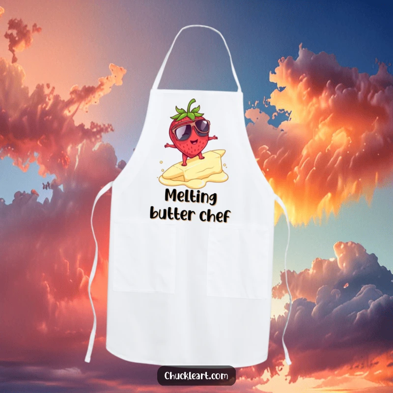 Funny strawberry surfing sunglasses melting butter, a humorous and practical apron for kitchen adventures.