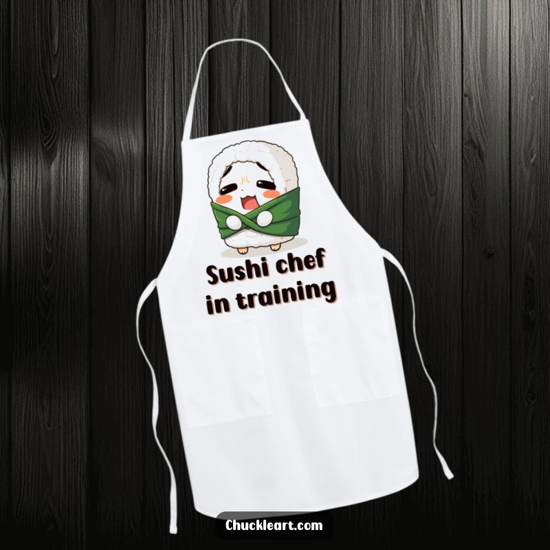 Funny apron illustrating a confused sushi roll trying to tie its seaweed belt, great for kitchen use and adding humor to cooking.