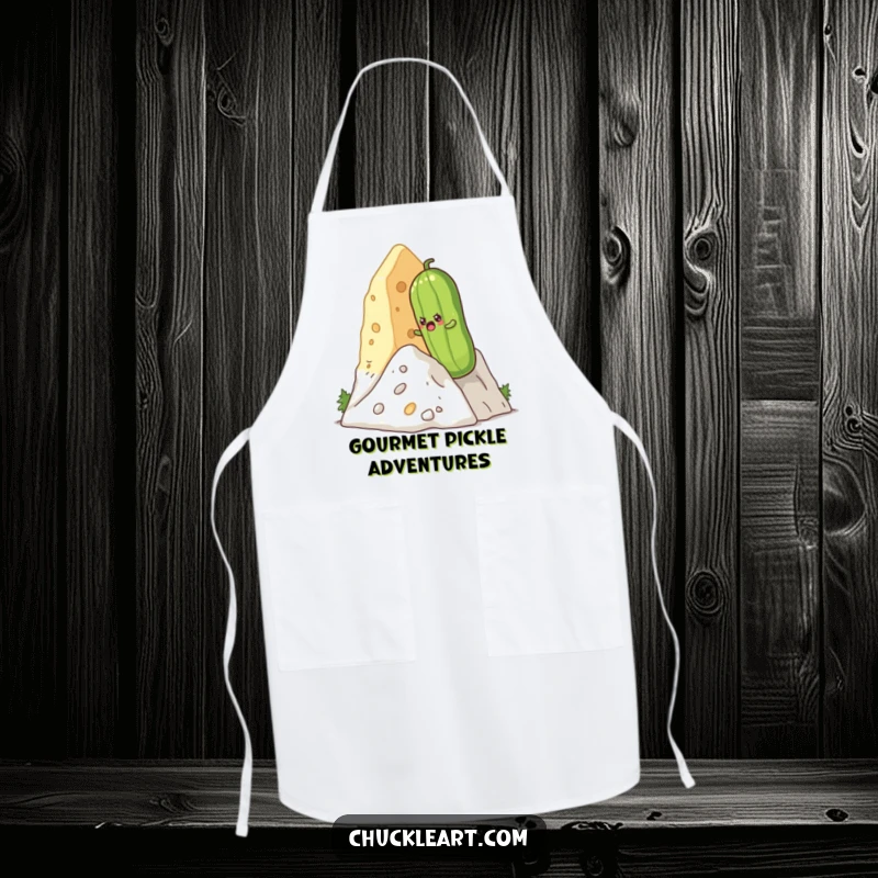 Funny determined pickle climbing a cheese mountain, perfect for a funny kitchen apron.