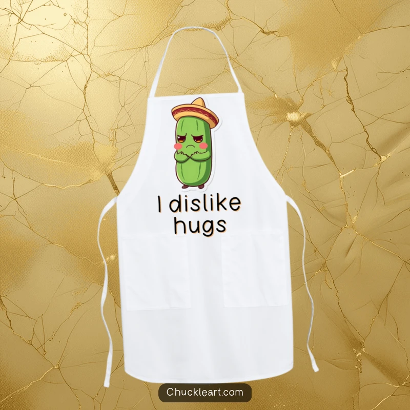 Funny apron showing a grumpy pickle in a sombrero getting a big hug, a comical kitchen accessory.