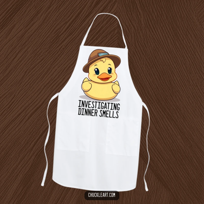 Funny apron featuring a rubber duck detective with a hat and magnifying glass, investigating the kitchen for clues, adding humor.