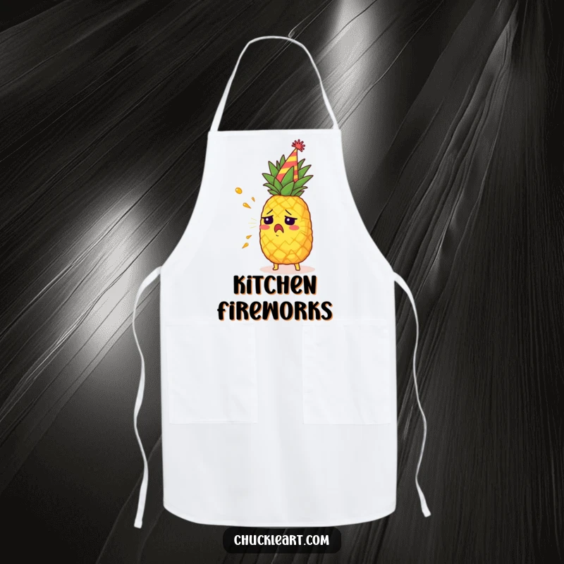 Funny pineapple wearing a party hat, accidentally spraying juice, a humorous and practical apron.