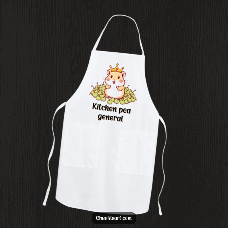 Funny hamster king commanding peas on a kitchen apron, perfect for humorous pet-themed cooking.