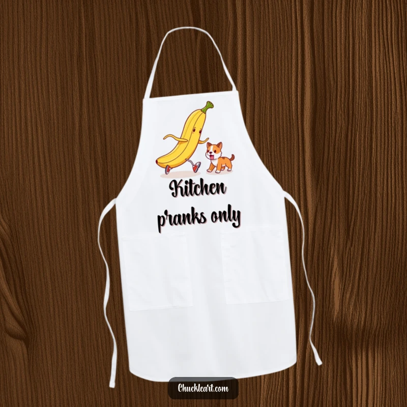Funny banana peel in tiny shoes attempting to trip a dog, on a practical kitchen apron.