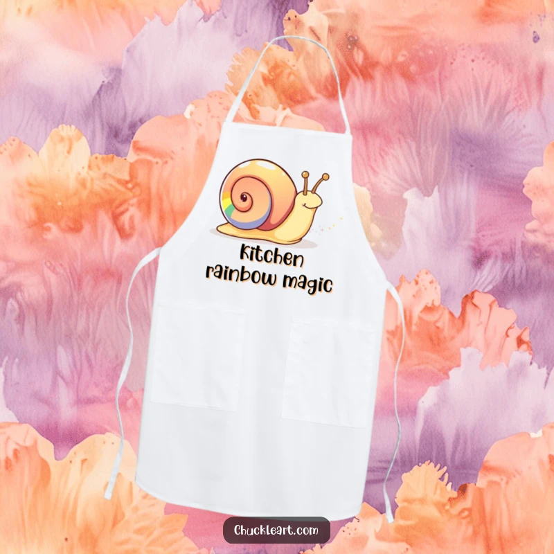 Funny rainbow snail apron depicting a snail with a rainbow shell leaving a sparkly trail, suitable for kitchen use.