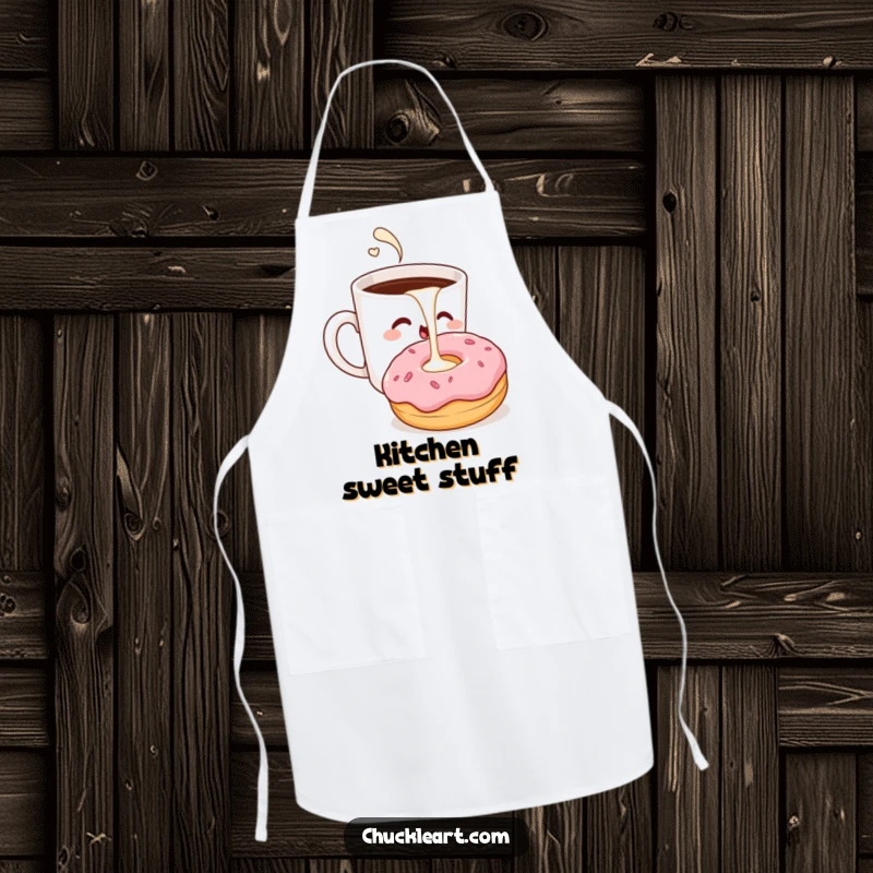 Funny apron showing a winking coffee cup pouring milk into a surprised donut, a playful kitchen essential.