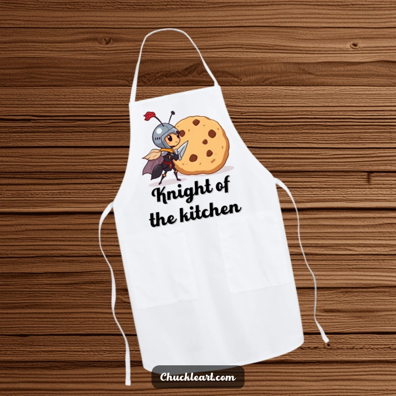 Funny apron showing a brave tiny ant dressed as a knight, heroically confronting a giant cookie.