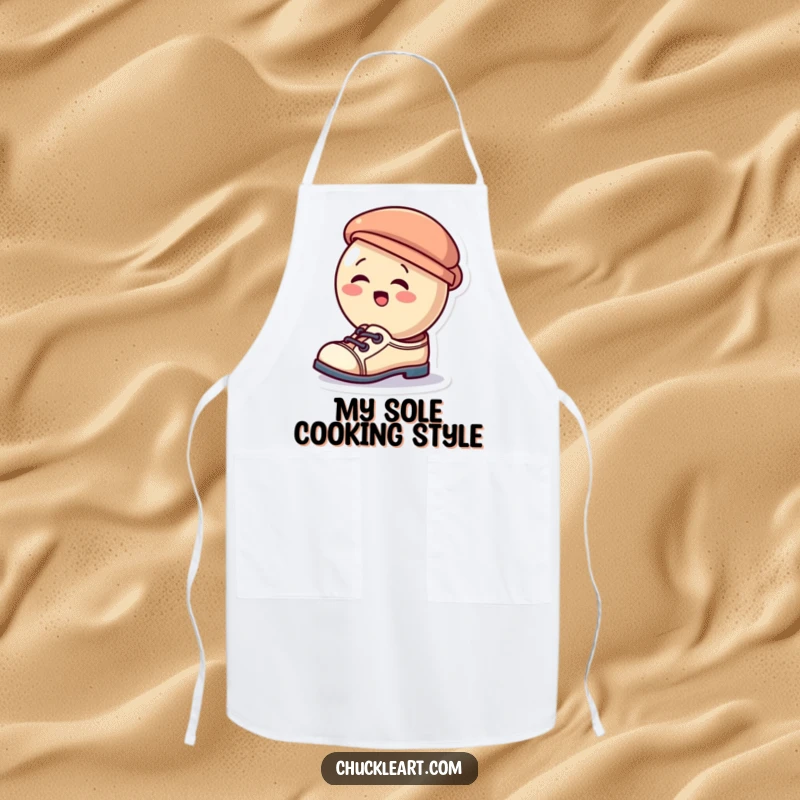 Funny apron showcasing a giggling button character humorously wearing a hat as a shoe, perfect for a playful kitchen experience.