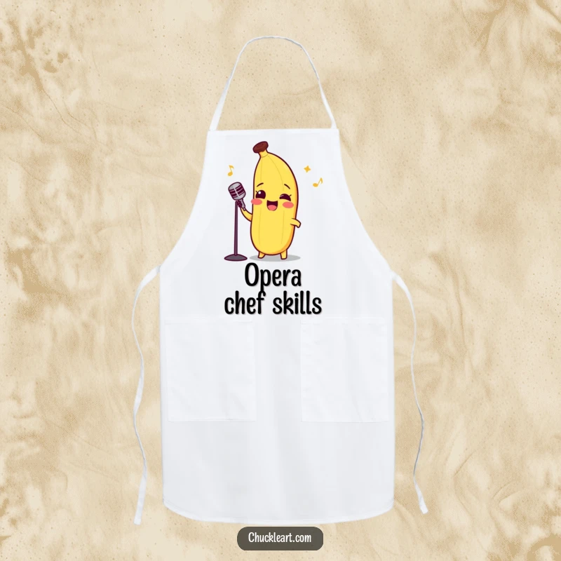 Funny apron with a smiling banana in a bow tie, passionately singing opera.