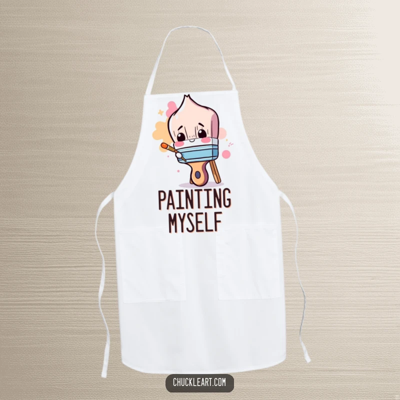 Funny apron with a clumsy paintbrush trying to paint its own handle, perfect for messy artists.