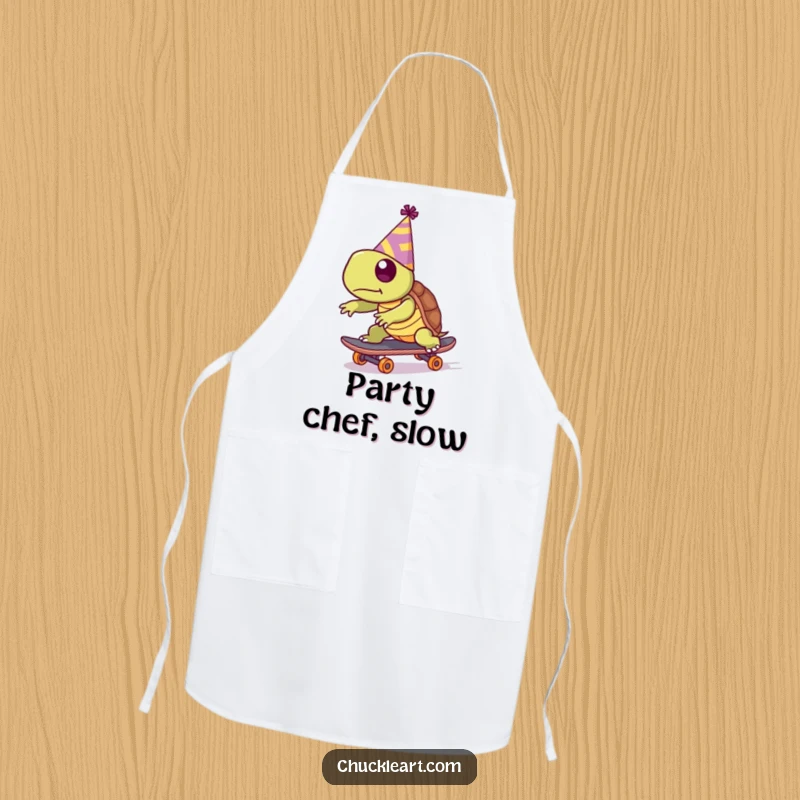Funny apron with a turtle wearing a party hat, trying to skateboard quickly, a comical kitchen accessory for party-loving chefs.